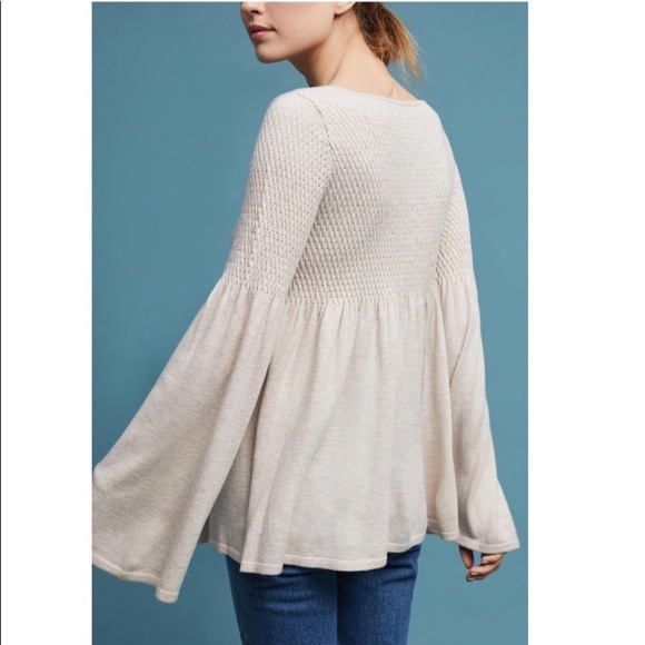 Anthro Knitted & Knotted Oatmeal Wool Blend Balloon Sleeve Babydoll Sweater Top - Picture 4 of 13